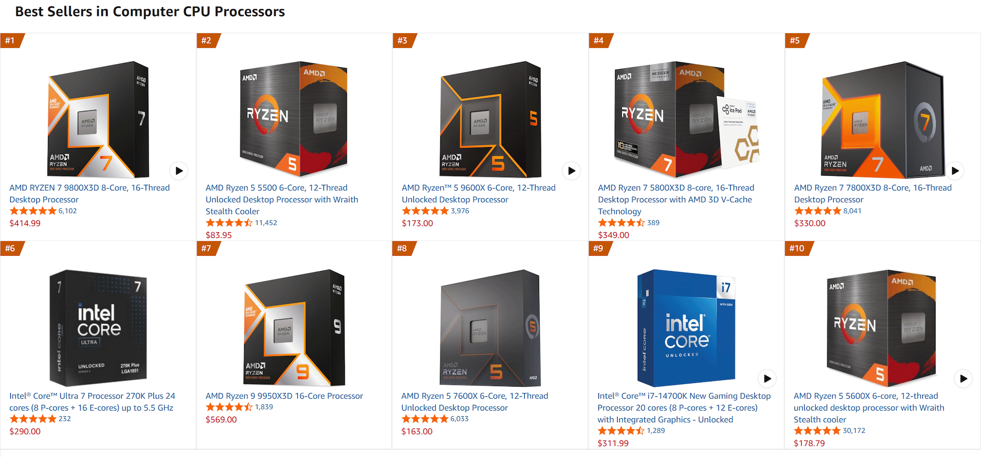 A screenshot of the Amazon.com Best Sellers in Computer CPU Processors as of 2026-08-24.